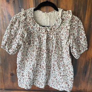 Rylee + Cru Cream and Brown Floral Blouse